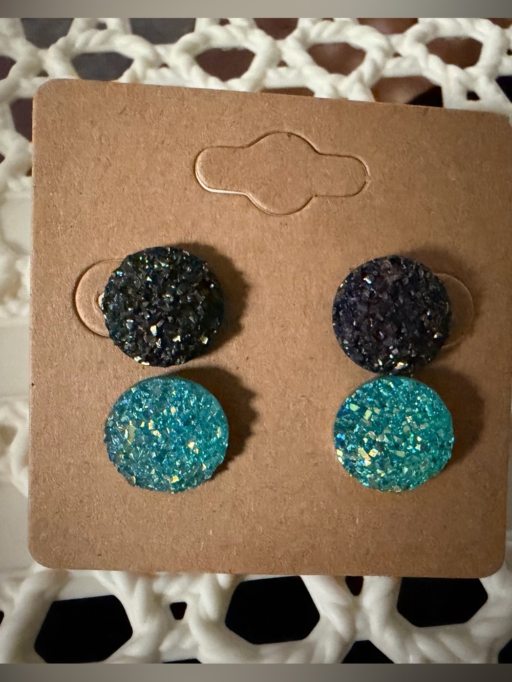 Druzy Double-Stud Earrings in Teal and Dark Blue- Hypoallergenic